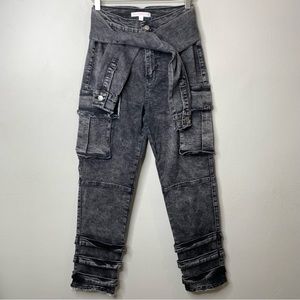 Hot & Delicious Cargo Sleeves Tied-Up High Rise Pant Light Wash Black